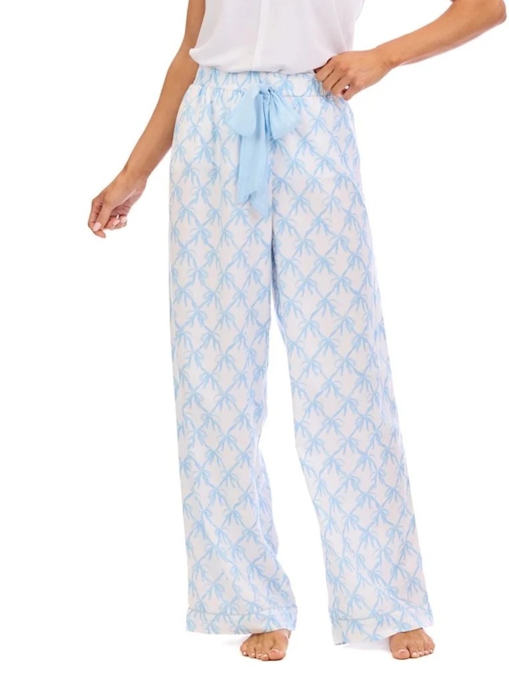 Mud Pie White and Light Blue Palm-Print Wide Leg Pajama Pants